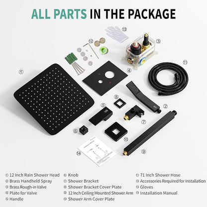 SR SUN RISE 12 Inch Ceiling Mount Matte Black Shower System Bathroom Luxury Rain Mixer Shower Faucet Set Ceiling Rainfall Shower Head System Faucet Trim Repair Kits Rough-in Valve and Trim Included