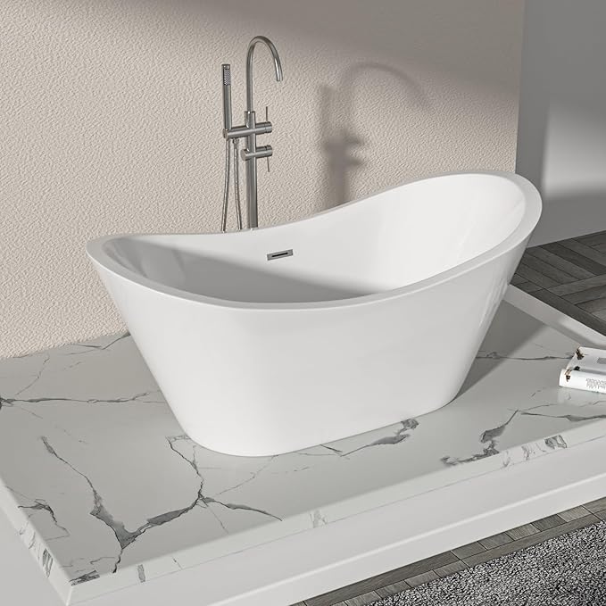Logmey 59 Inch Freestanding Bathtub White Acrylic Oval Shape Soaking Tub with Chrome Drain & Overflow Assembly for Classic and Modern Bathrooms