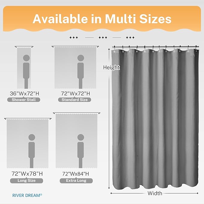 River Dream 3 in 1 Shower Curtain Set, Stall Waffle Fabric Shower Curtain and Waterproof Clear Liner Set with Double Sided Metal Hooks, Grey, 36" W*72" H
