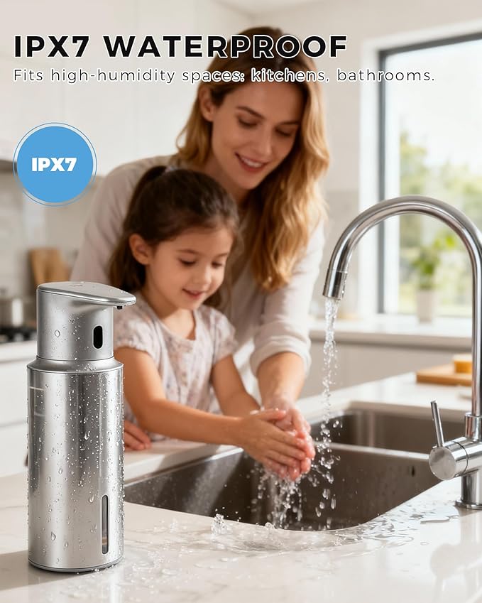 Automatic Foaming Soap Dispenser Touchless, 304 Stainless Steel Bottle Body &16.2oz/480ml Rechargeable, 3 Adjustable Liquid Levels, IPX7 Waterproof, for Kitchen Bathroom, Stainless Steel