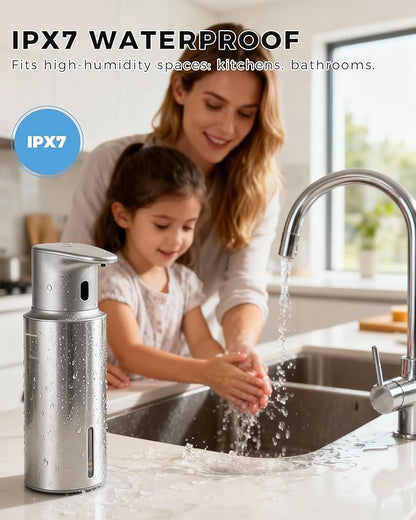 Automatic Foaming Soap Dispenser Touchless, 304 Stainless Steel Bottle Body &16.2oz/480ml Rechargeable, 3 Adjustable Liquid Levels, IPX7 Waterproof, for Kitchen Bathroom, Stainless Steel