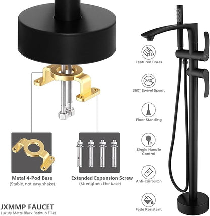 Freestanding Bathtub Faucets, Matte Black Stainless Steel Floor Mount Tub Filler with 360 Swivel Spout and Handheld Shower, High Flow Bathtub Faucet Set JXM-F001BK