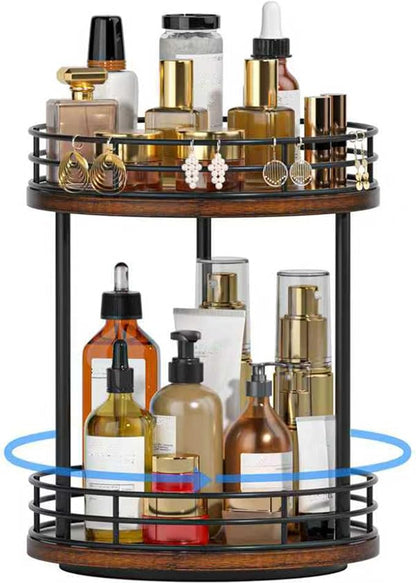 Bathroom Organizer Countertop,2 Tier Rotating Makeup Organizer Countertop for Vanity,Wooden Bathroom Counter Storage Shelf,Vanity Tray for Perfume,Skincare,Cosmetic