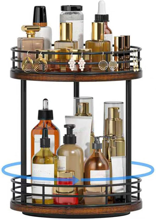 Bathroom Organizer Countertop,2 Tier Rotating Makeup Organizer Countertop for Vanity,Wooden Bathroom Counter Storage Shelf,Vanity Tray for Perfume,Skincare,Cosmetic