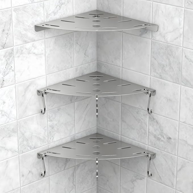 XIHLZYEH Corner Shower Shelves, 3 Pack 304 Stainless Steel Shower Shelf with 6 Hooks 40 lbs Heavy Duty, Rustproof Wall Mounted Organizer for Bathroom Drilling Installation(Silver)