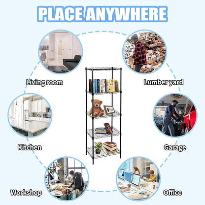 5-Tier Wire Shelving Adjustable Shelves Unit Metal Storage Rack for Laundry Bathroom Kitchen Pantry Closet Organization (Black, 16.6" L x 11.4" W x 49.1" H)