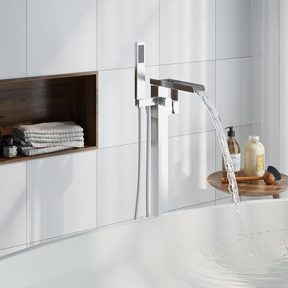 Freestanding Bathtub Faucet, Floor Mount Bathtub Faucet with 2 Water Outlet Modes, Swivel Gooseneck Spout with Hand Shower,Single Handle, Max Flow Rate 7.4 GPM (Waterfall-Brushed Nickel)