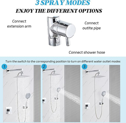 Shower Head 8'' High Pressure Rainfall, Handheld Shower Combo with 11'' Extension Arm, 5 Spray, Anti-leak Luxury Premium Quality, Shower Head with Handheld Spray Combo, Polished Chrome