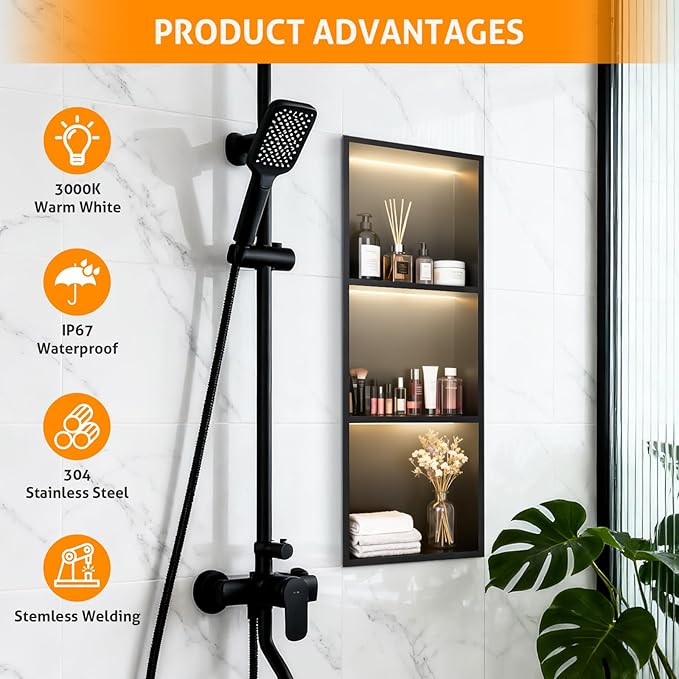 WICHEMI Stainless Steel Shower Niche 12" X 36", No Tile Needed Wall Niche with LED Light, Recessed Shower Shelf for Bathroom Storage Over Mount Installation, Matte Black