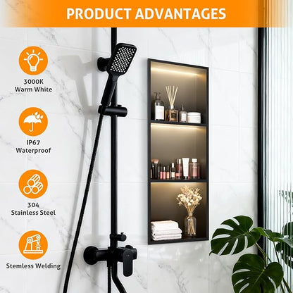 WICHEMI Stainless Steel Shower Niche 12" X 36", No Tile Needed Wall Niche with LED Light, Recessed Shower Shelf for Bathroom Storage Over Mount Installation, Matte Black
