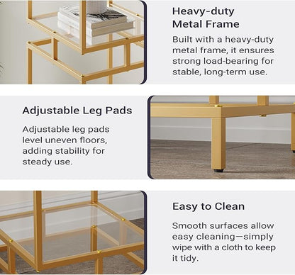 4 Cube Glass Shelf, 4-Tier Bookshelf, Display Shelf Rack, Metal Storage Rack with Tempered Glass, Modern Style for Living Room, Bathroom, Kitchen, Golden