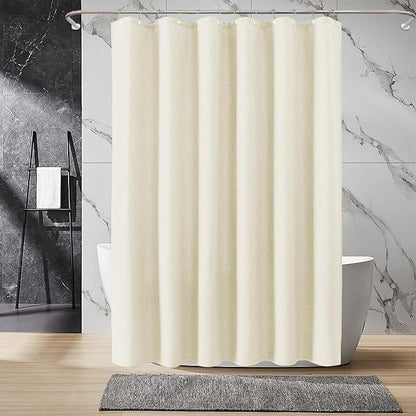 Inhousolu Fabric Shower Curtain Waffle Weave, 230 GSM Heavy Duty, Weighted Hem, 14 Metal Hooks, Water Repellent, Machine Washable, Hotel Spa Luxury Bath Curtain Set, 72 x 96 Inch, Ivory