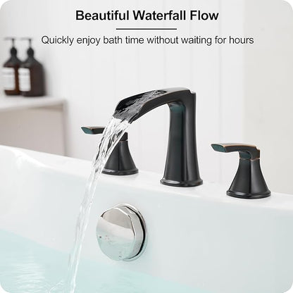 Waterfall Bathtub Faucet Oil Rubbed Bronze, Brass Bath Tub Faucet Set 3 Hole, 8 Inch High Flow Roman Tub Faucet, 2 Handle Deck Mount Bathtub Faucets Widespread with Water Hose for Farmhouse