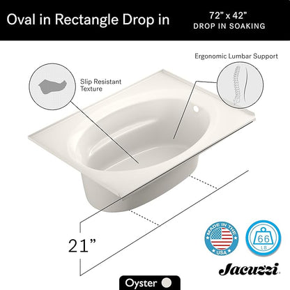 Jacuzzi SIGNATURE Acrylic Drop-In Bathtub, Soaking Sanctuary, Slip Resistant, Left Drain Placement, 72" (L) x 42" (W), Oval In Rectangle, 3-Tile Flange, Oyster
