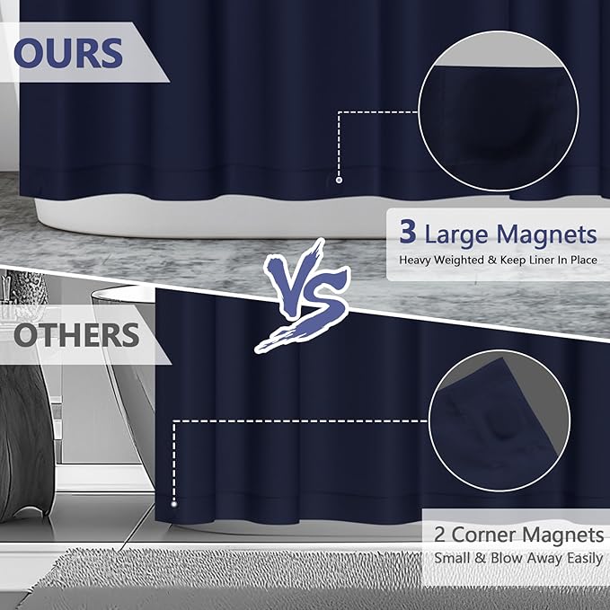 Navy Blue Fabric Shower Curtain Liner with 3 Magnets, 72 x 72 inch Waterproof Cloth Shower Liner Washable, Neutral Dark Shower Curtain for Bathroom