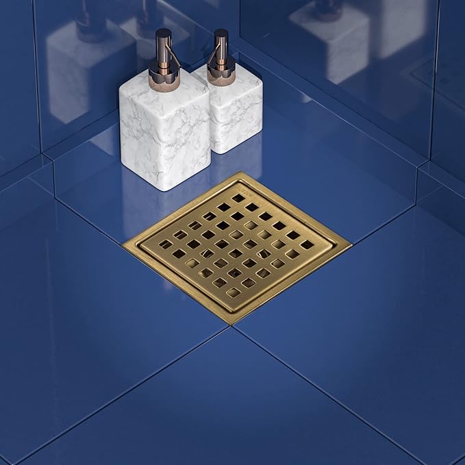 6 Inch Square Shower Floor Drain, Stainless Steel Flange with Removable Grid Cover Hair Strainer, Golden Brushed Nickel