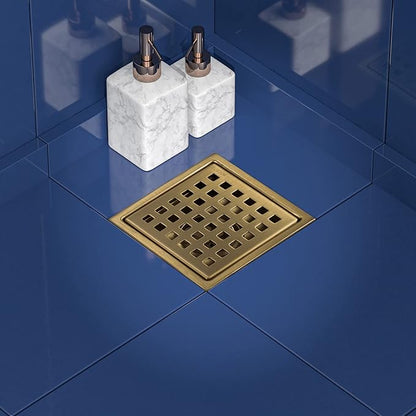 6 Inch Square Shower Floor Drain, Stainless Steel Flange with Removable Grid Cover Hair Strainer, Golden Brushed Nickel