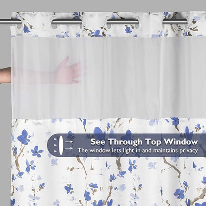 Lagute SnapHook Hook Free Shower Curtain with Snap-in Liner & See Through Top Window | Hotel Grade, Machine Washable | 71Wx74L, Blue Blossom