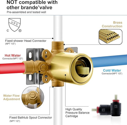 KENES Brushed Gold Tub and Shower Trim Kit, Square Tub Shower Faucet Set Complete with 6-Inch Rainfall Shower Head and Tub Spout, KE-6025A-4 (Shower Valve Included)