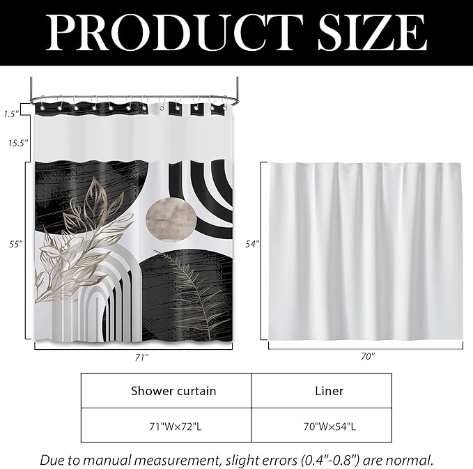 Black and White Boho See Through Mesh Top Shower Curtain with Window, Grey Mid Century Modern Mens Double Layer Shower Curtains with Snap in Liner, Waterproof Fabric with Hooks, 71x72 in