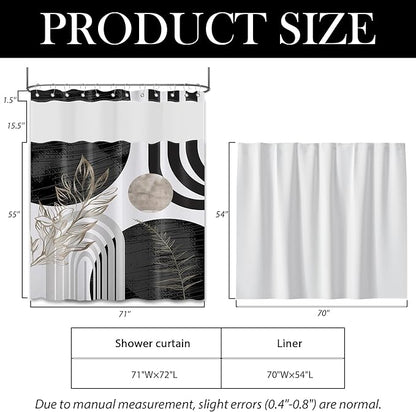 Black and White Boho See Through Mesh Top Shower Curtain with Window, Grey Mid Century Modern Mens Double Layer Shower Curtains with Snap in Liner, Waterproof Fabric with Hooks, 71x72 in