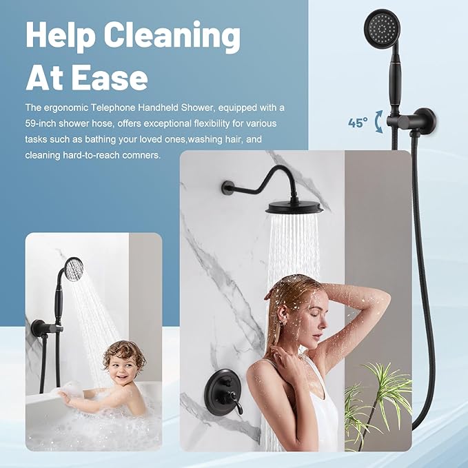 Antique Shower Head Faucet Set,Oil Rubbed Bronze Vintage Wall Mount Shower Faucets Combo With Handheld Spray,Bathroom Rainfall Shower System Trim Kit With Brass Pressure Balance Valve & 9''Shower Head
