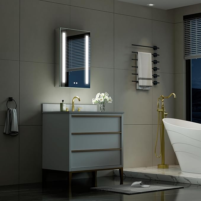 WELLFOR 20" X 30" LED Medicine Cabinet with Mirror, Single Right Opening Door, Recessed or Surface Cabinet Mirror, Bathroom Mirror Cabinet, Medicine Cabinet with Lights with Outlets & USB Ports
