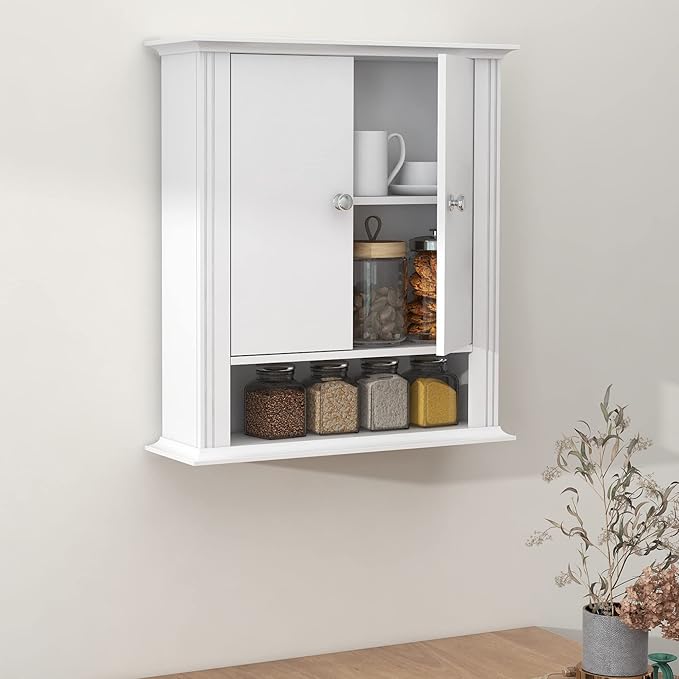 White Wall Cabinet, Over The Toilet Storage Cabinet, Bathroom Cabinet Wall Mount, 2 Doors & Hooks, Medicine Cabinet Organizer, Hanging Wall Cabinet Cupboard for Kitchen Laundry Room White