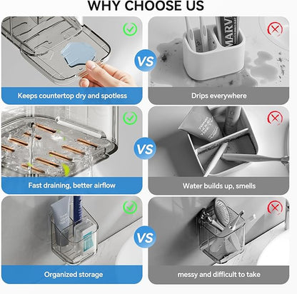 Toothbrush Holders for Bathrooms, 3 Slots Detachable Electric Toothbrush Holder Wall Mounted with Divider, Removable Tooth Brush and Toothpaste Holder Organizer for Bathroom/Kitchen/Office