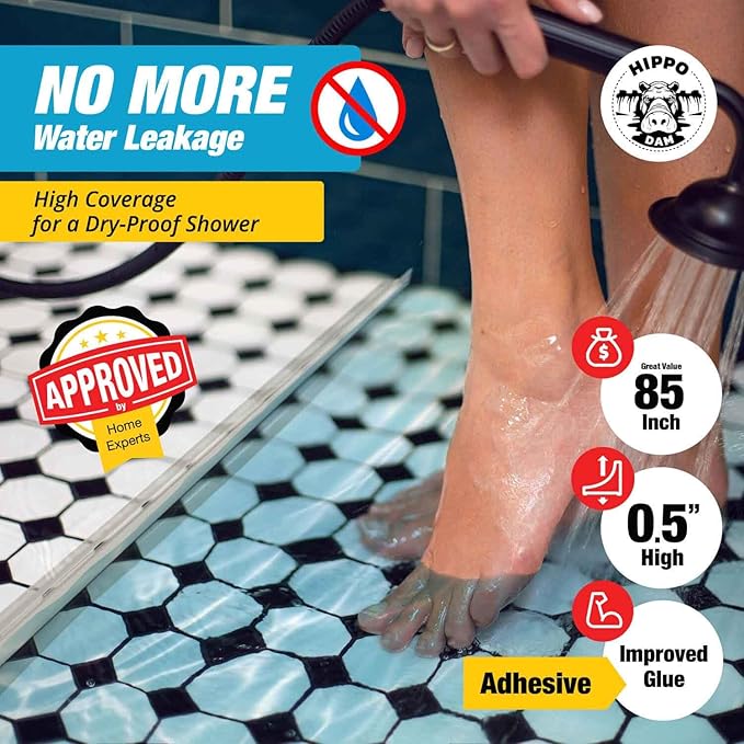 Shower Threshold Water Dam Barrier 85" - Transparent Collapsible Shower Water Blocker - Guard for Walk in Shower - Water Guard Stopper for Floor - Shower Door Water Blocker by Hippo Dam