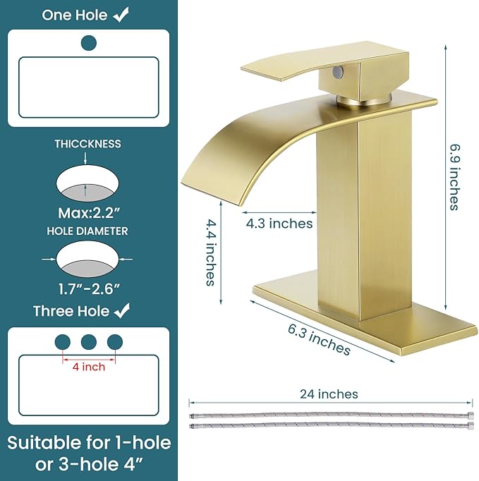 Bathroom Faucets Brushed Gold Waterfall Bathroom Sink Faucet Modern Single Handle Bathroom Faucet for 1 or 3 Hole Mxier Tap Washbasin Faucet with Deck, Pop-up Drain and Supply Hoses