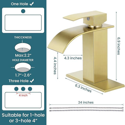 Bathroom Faucets Brushed Gold Waterfall Bathroom Sink Faucet Modern Single Handle Bathroom Faucet for 1 or 3 Hole Mxier Tap Washbasin Faucet with Deck, Pop-up Drain and Supply Hoses 2 Pack