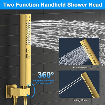 Shower Faucet Set, 3-Setting Push Button Brushed Gold Shower System, 12 Inch Ceiling Mounted Shower Head, 6 Inch Wall Mounted Rain Shower Head with 2 in 1 Handheld Spray, Shower Valve Trim Kit