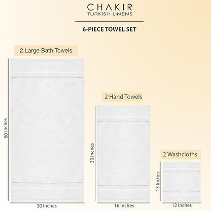 Chakir Turkish Linens 100% Cotton Premium Turkish Towels for Bathroom, 2 Large Bath Towels, 2 Hand Towels, 2 Washcloths (6-Piece Towel Set, White)