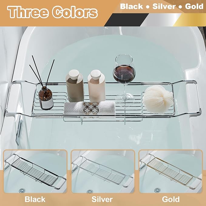 Stainless Steel Bathtub Caddy Tray, Expandable Bathtub Holder Table, Adjustable Bathroom Tray, Bath Organizer Tub Shelf,Gold,26.8~35.4in