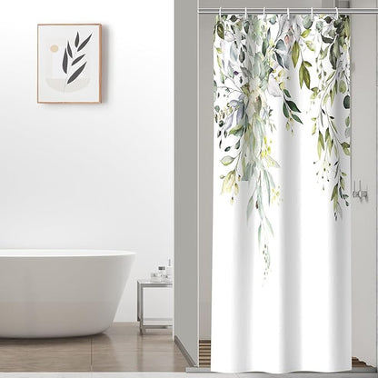 Colorful Star Sage Green Eucalyptus Waterproof Shower Curtain Set with Hooks, Minimalist Watercolor Floral Print Bathroom Décor, Plant Leaves Washable Fabric Shower Curtain, 36 x 72 Inch