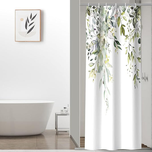 Colorful Star Sage Green Eucalyptus Waterproof Shower Curtain Set with Hooks, Minimalist Watercolor Floral Print Bathroom Décor, Plant Leaves Washable Fabric Shower Curtain, 36 x 72 Inch