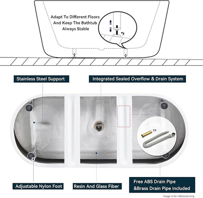 FerdY 67" Shangri-La Elite, Acrylic Freestanding Bathtub, Modern & Contemporary Design Soaking Tub with Polished White Drain Pop-Up Drain and Minimalist Design Overflow, cUPC Certified