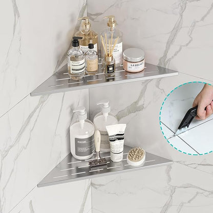 Neodrain 10" Brushed Corner Wall Shelf Set of 2, Floating Corner Shelves for Wall, 304 Stainless Steel Shower Storage Shelves for Bathroom, No Drilling