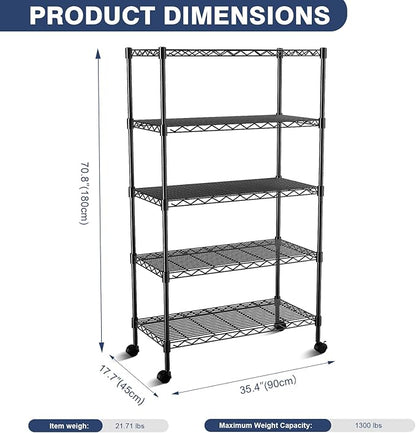 5-Tier Heavy Duty Wire Shelving Unit,35" Wx18 Dx71 H,Wire Shelf Racks with Wheels,Height Adjustable Storage Metal Shelves for Kitchen,Garage,Office,Living Room,Pantry,Black