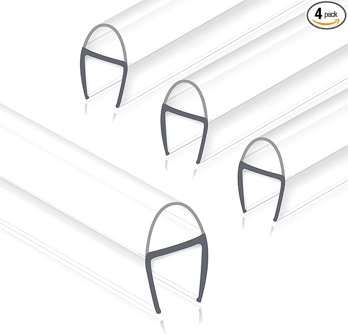 Frameless Shower Door Seal Strip 4 Pack x 39 Inch U for 3/8" Thick Glass Shower Door Side Seal Strip Bottom Seal Door Sweep Ultra Clear Polycarbonate, Stop Showers Leaks Create A Water Barrier