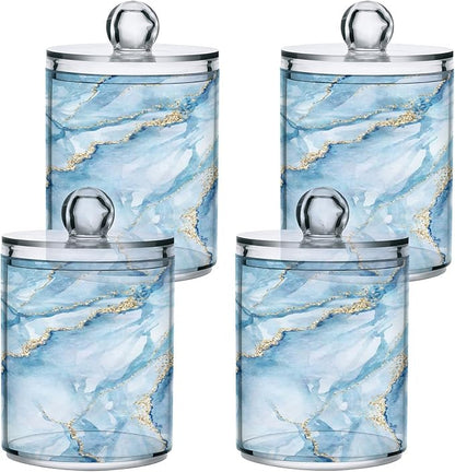 MNSRUU 2 Pack Qtip Holder Organizer Dispenser Sky Blue Marble Bathroom Storage Canister Cotton Ball Holder Bathroom Containers for Cotton Swabs/Pads/Floss