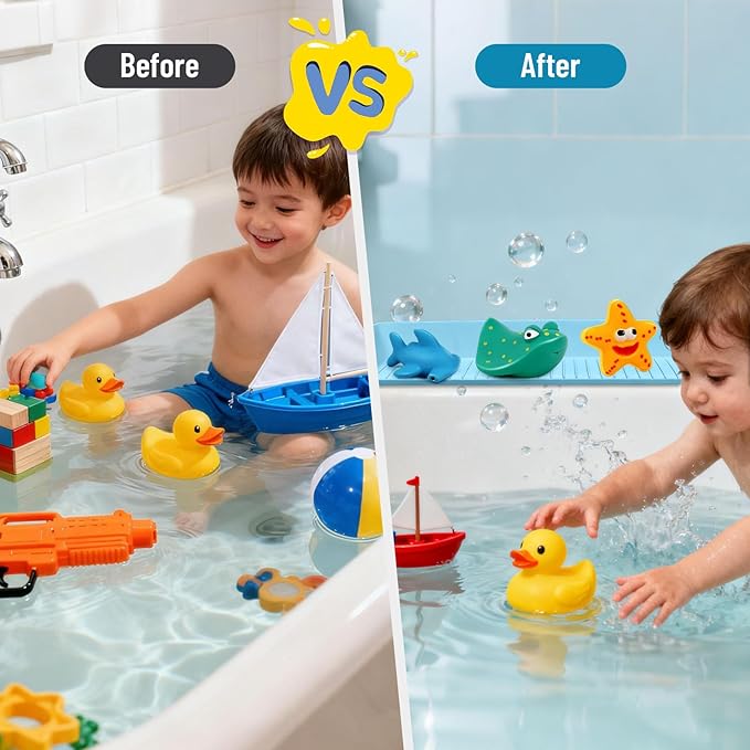 Splash Guard for Bathtub Kids, Longer Silicone Bathtub Splash Guard with 11 Suction Cups, Bath Tub Play Shelf for Kids & Toy Holder, Prevent Water Spill in Bathroom, Blue