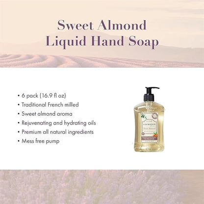A LA MAISON French Liquid Hand Soap, Almond - Natural Hand Wash Made with Essential Oils - Biodegradable, Plant-Based, Vegan, Cruelty-Free, Alcohol & Paraben Free (16.9 oz, 6 Pack)