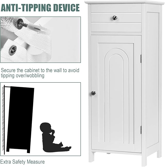 DORTALA Bathroom Floor Cabinet, Free-Standing Wooden Floor Storage Cabinet w/Large Drawer & 2 Adjustable Shelves, Morden Side Storage Bathroom Organizer for Living Room, White