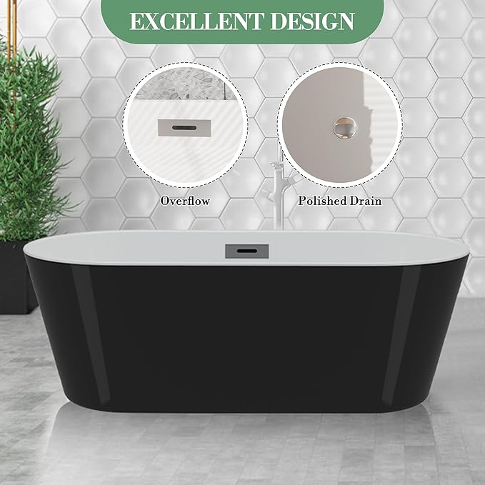 59" Acrylic Soaking Bathtub, Deep Modern Tub with Non-Slip Base, CUPC Certified, Space-Saving Bath with Chrome Drain and Overflow, Easy Install for Small Bathrooms, Black
