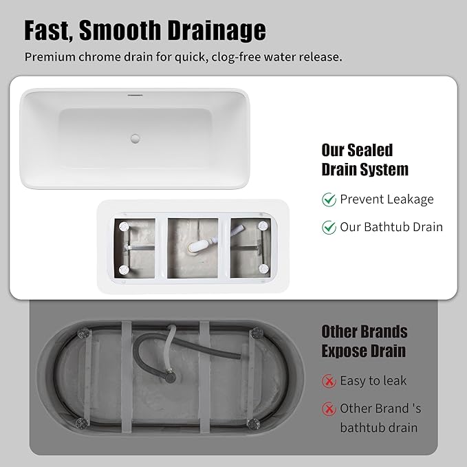 Freestanding Bathtub – 59 Inch Acrylic Soaking Bathtub, Black & White Free Standing Tub with Integrated Overflow & Pre-Installed Drain, Modern Freestanding Tub for Relaxing Home Bathrooms