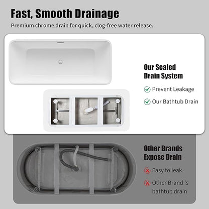 Freestanding Bathtub – 59 Inch Acrylic Soaking Bathtub, Black & White Free Standing Tub with Integrated Overflow & Pre-Installed Drain, Modern Freestanding Tub for Relaxing Home Bathrooms