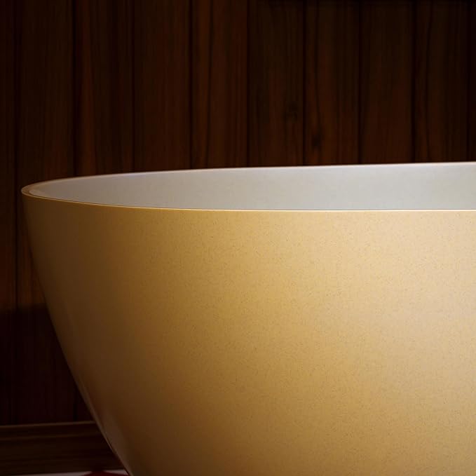 WOODBRIDGE 69" L x 32" W Stone Resin Luxury Contemporary Solid Surface Freestanding Soaking Bathtub in Cream with 2-Drain Covers Included