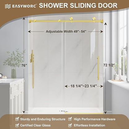 Frameless Glass Shower Door, 49-54" W x 76" H Sliding Frameless Shower Door, 1/4''(6mm) SGCC Tempered Glass, Explosion-Proof Film Nano Coating, Stainless Steel Hardware, Brushed Gold